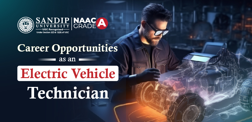 Electric vehicle technician repairing EV battery