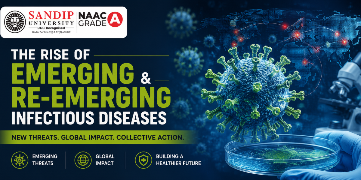 Illustration showing emerging and re-emerging infectious diseases, microbes, viruses, and global pandemic spread